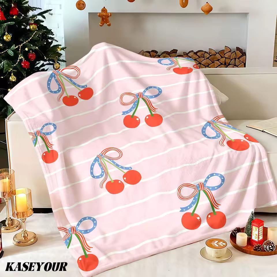 Patriotic Cherry Bow Winter Summer Flannel Blanket Throw Fleece Soft Fuzzy Plush Cozy Fleece Blankets for Sofa Ideal Gifts