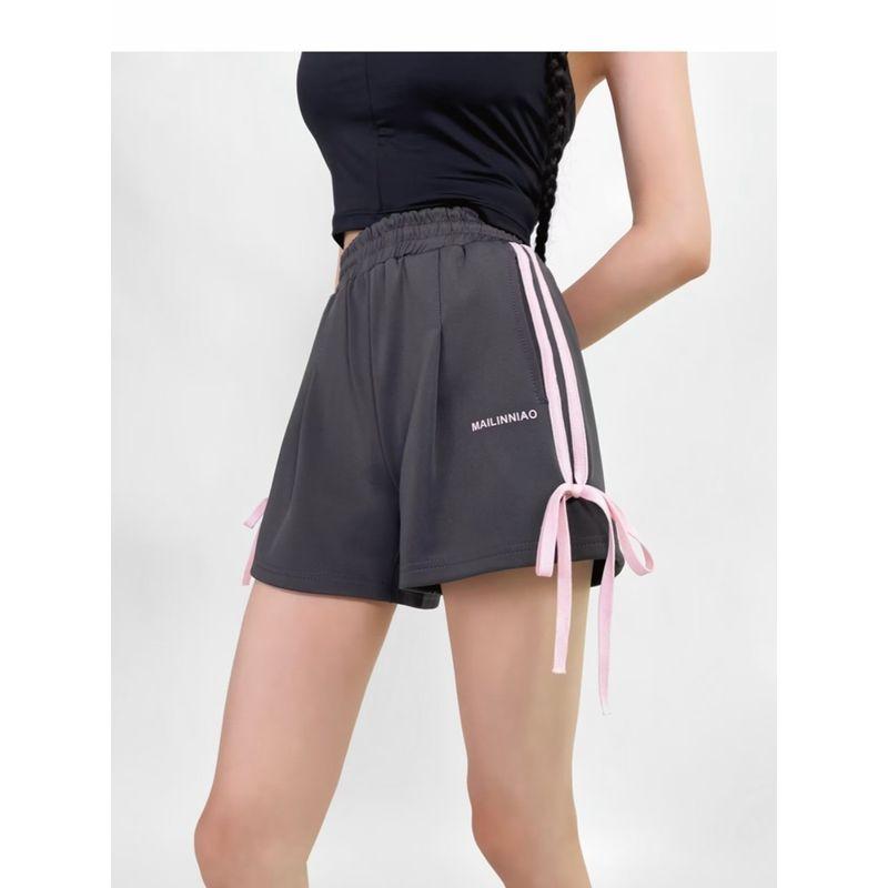 Za2024 Summer New Product Women's Clothes Fashion Wind Elastic Waist High Waist Side Double Bars Shoelace Bows Shorts