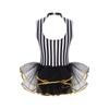 Girls Latin Jazz Dance Performance Costume Sequins Trim Mock Neck Open Back Striped Leotard Tulle Skirted Bodysuit
