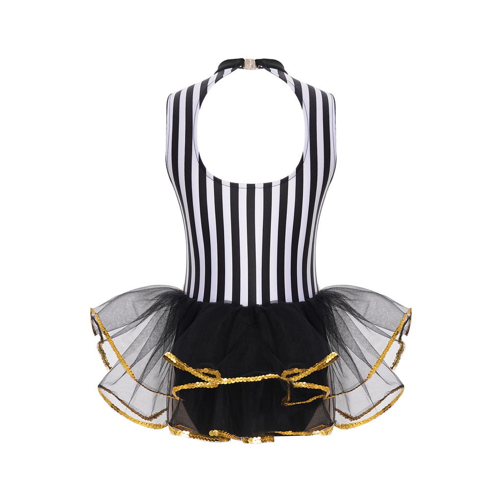 Girls Latin Jazz Dance Performance Costume Sequins Trim Mock Neck Open Back Striped Leotard Tulle Skirted Bodysuit