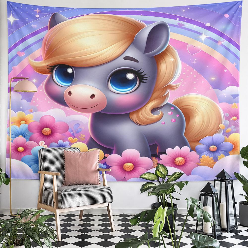 Cute Pony with Rainbow and Flowers Pattern Wall Hanging Tapestry Decorative Tapestry Home Decor for Bedroom and Living Room