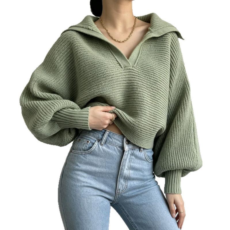 Autumn And Winter New Knitted Sweater Knitted Sweater Lapel Pullover Women'S Top