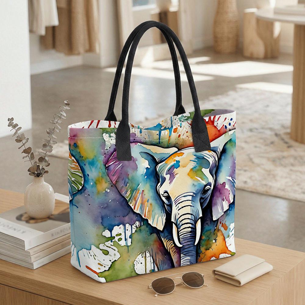 Watercolor Elephant Print Tote Bag Casual Large Capacity Handbag for Daily Use