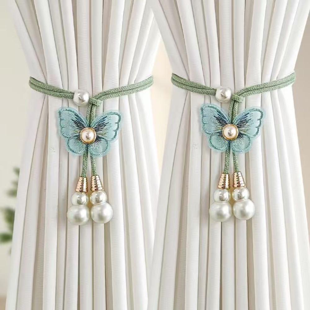 2PCS Adjustable Butterfly Curtain Tiebacks Curtain Holder Decorative Pearl Curtain Buckle Artificial Pearl Curtains Tie Rope