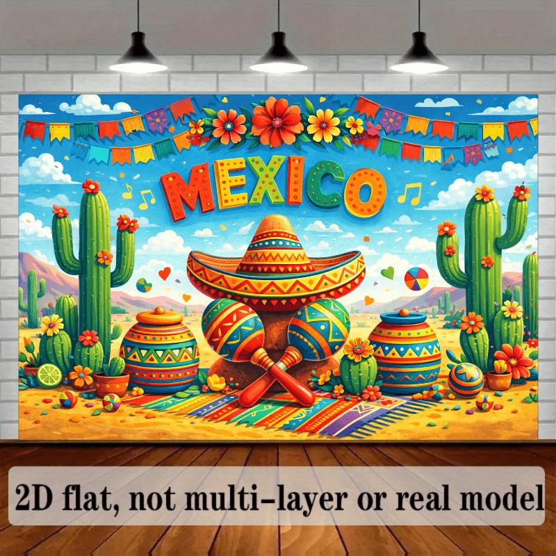 A 2D flat banner with a Mexican themed party background and colorful words "MEXICO" in the middle