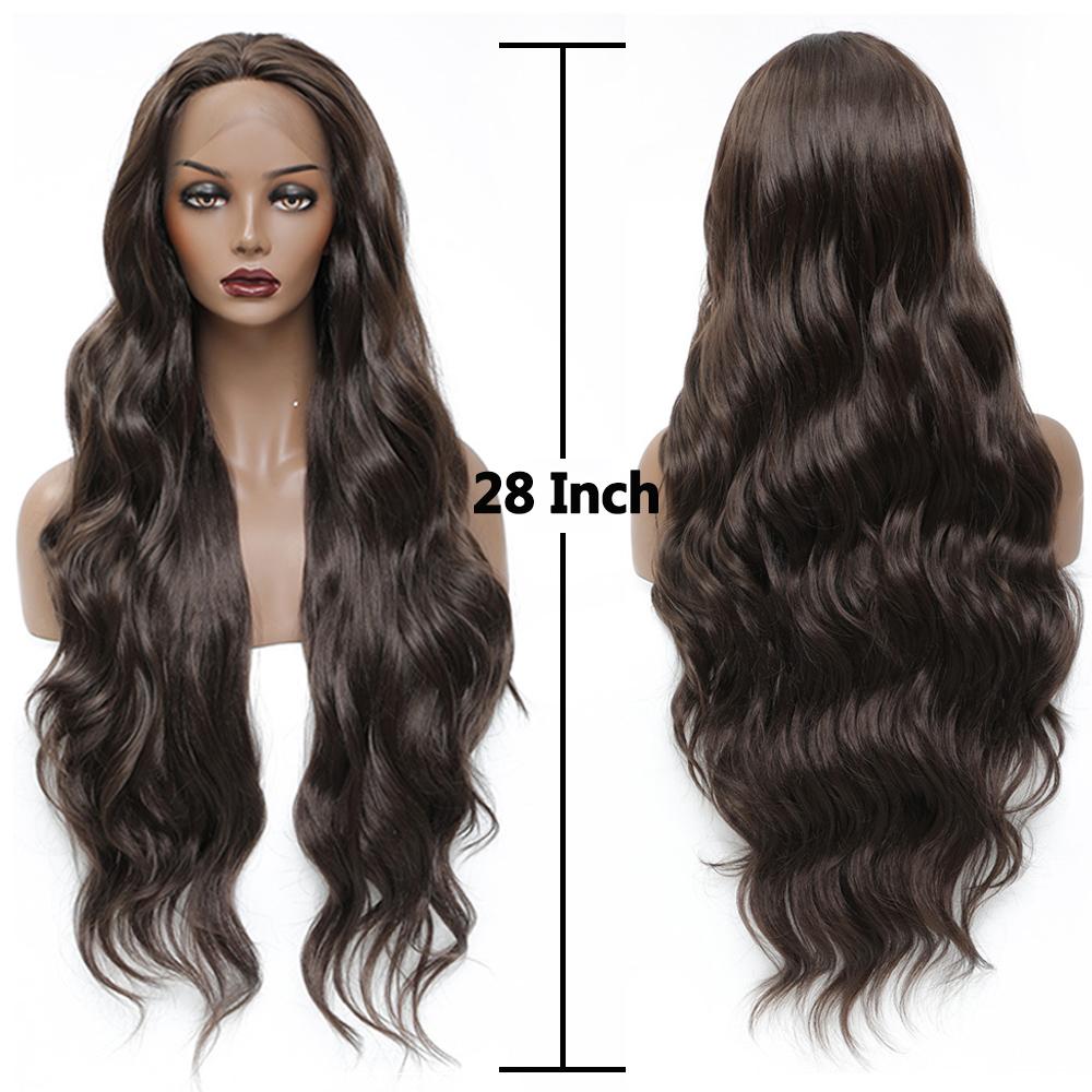 3X13 Lace Frontal Synthetic Wig Long Wavy Hair For Black Women Free Part Brown Color High Density Transparent Lace Front Wig