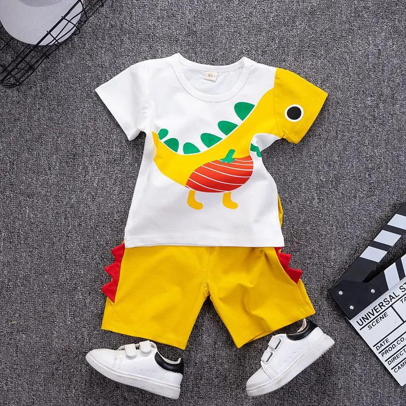 Летний детский костюм-двойка для мальчика, костюм с мультяшным принтом динозавра, футболка с круглым вырезом, шорты