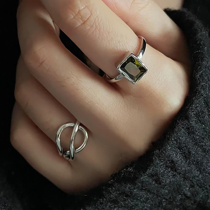 foxanry Vintage Punk Green Zircons Rings for Women Couples New Fashion Simple Multilayer Geometric Handmade Party Jewelry Gifts