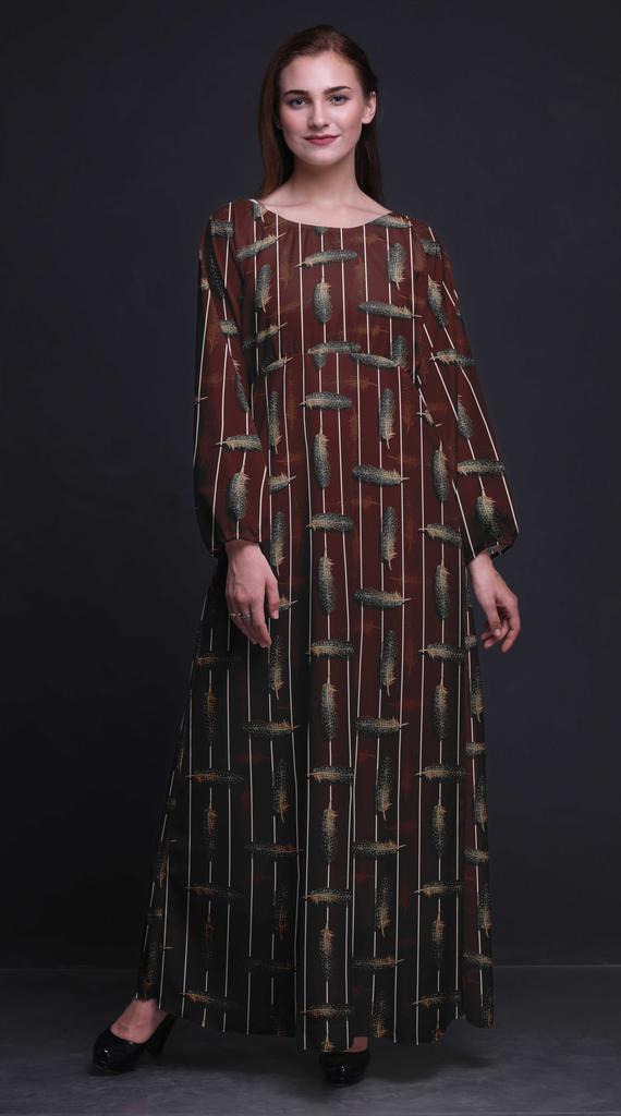 Bimba Листья мха Жоржетта | Мадхабилата и пионы цветочный принт для женщин с длинным рукавом эластичный пояс