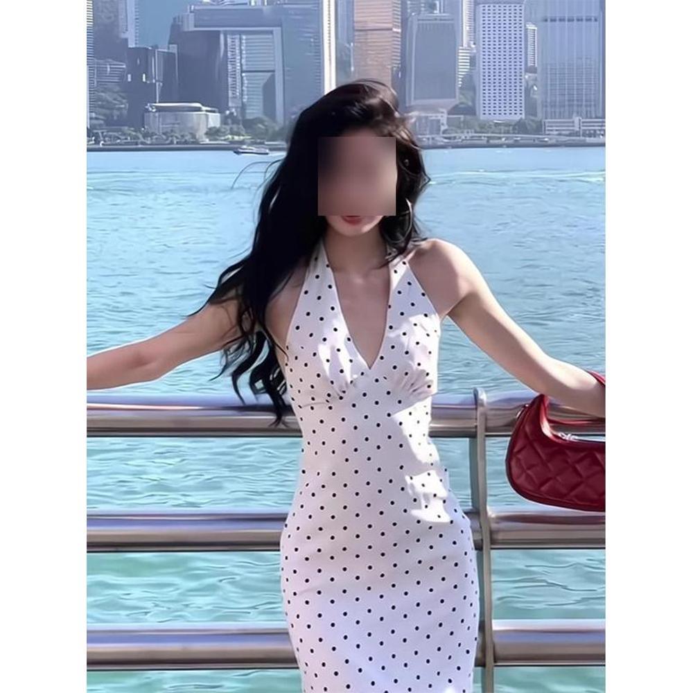 Белое платье в горошек с V-образным вырезом, женское летнее новое универсальное темпераментное платье с открытой спиной, темпераментная юбка миди