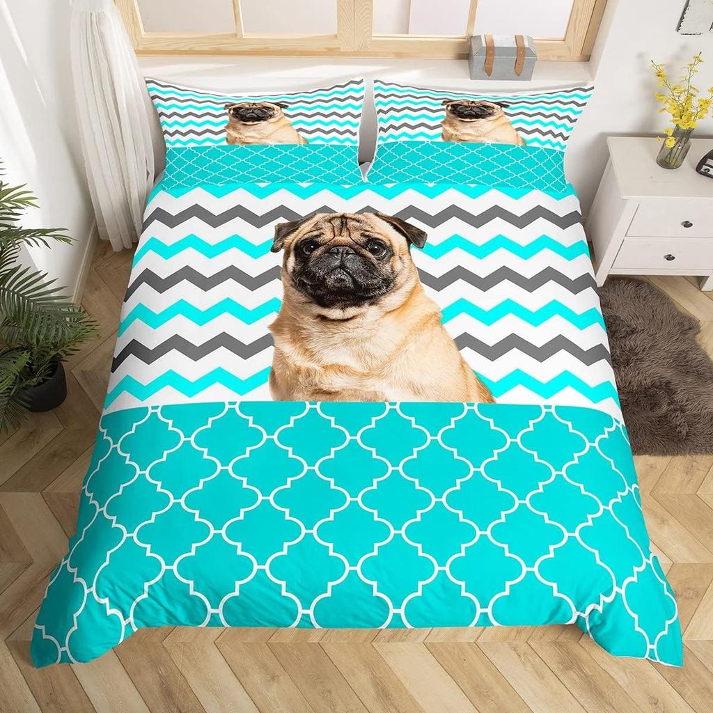 Puppy Dog Duvet Cover Full Queen Size Kawaii Pug Comforter Cover Love Heart Print Bedspread Cover Cute Pet Black Bedding Set