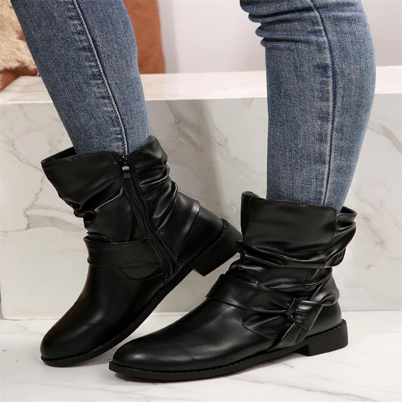 Зимние круглые носки квадратный каблук удобные молнии сексуальные складчатые модные короткие сапоги новые элегантные повседневные бархатные теплые женские туфли