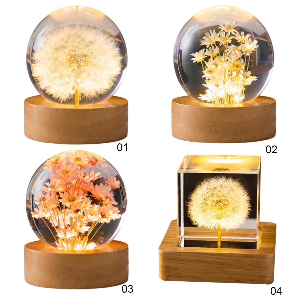 Cute Night Light with Woodern Base Forever Flowers Crystal Ball Light Office Home Decor Gifts for Men Women Kids Boys Girls