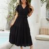Women's Bohemian Polka Dot Dress Wrap V Neck Short Sleeve Solid Color Tie A-Line Layered Flowy Long Dresses
