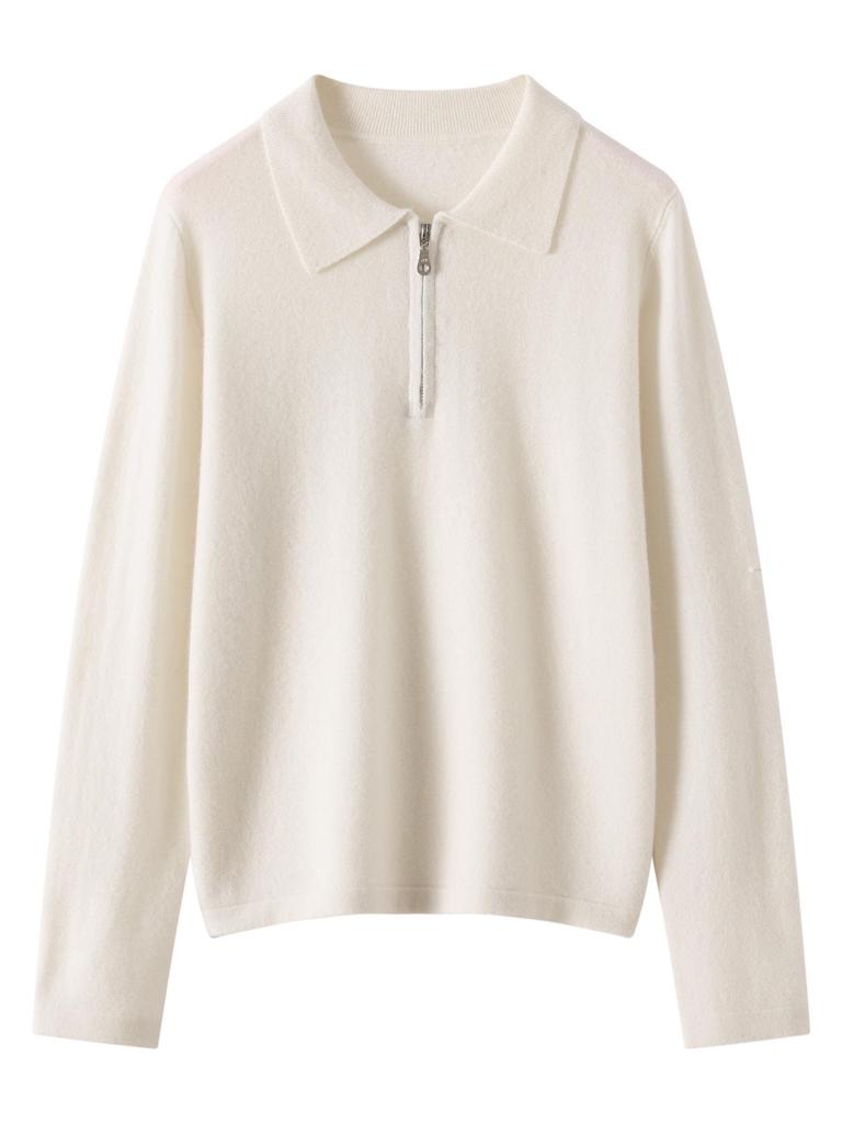 Women's Cashmere Polo Neck Half-Zip Sweater - Elegant Solid Color Knit Base Layer