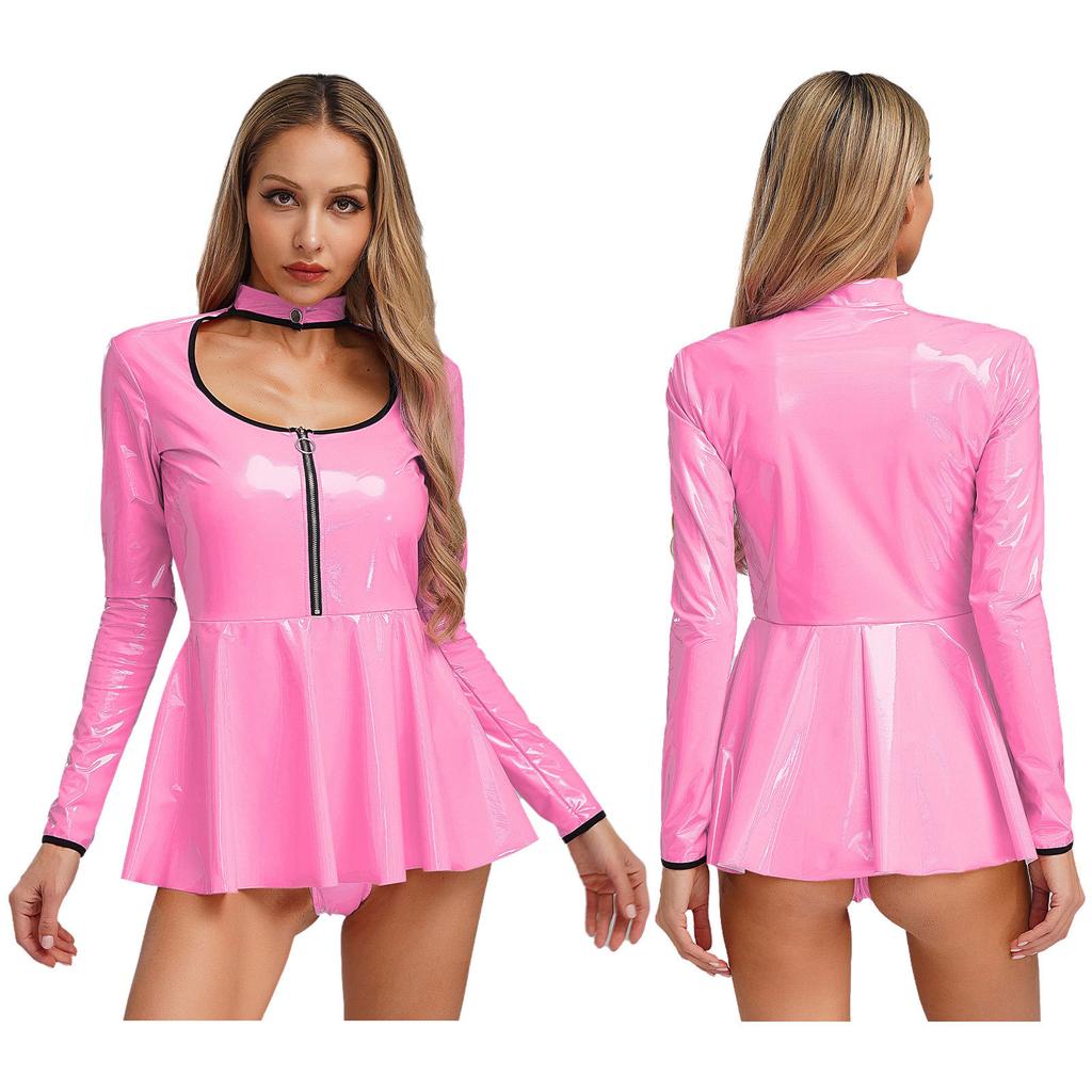 Women Latex Dress Deep V Neck Mesh Long Sleeves Mini Dress Shiny Faux Leather Dress Halloween Costume Rave Party Punk Club Wear