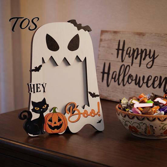 Indoor Holiday Table Decor Halloween Wooden Photo Frame, Pumpkin Ghost Cat Cutout Picture Autumn Tabletop Decoration Holder, Double-sided for