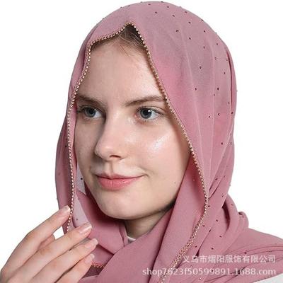 Модный Хит Продаж Высококачественный Жемчуг Шифон Стразы Цепочка Шарф Платок Мусульманские Женщины Хиджаб Этнический Платок на Голову