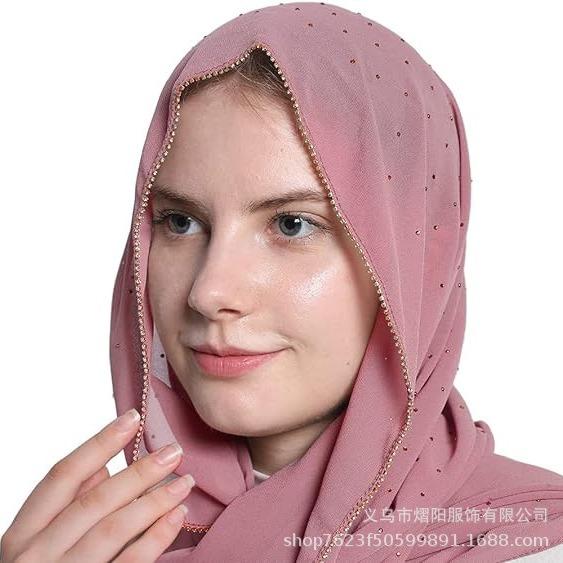 Модный Хит Продаж Высококачественный Жемчуг Шифон Стразы Цепочка Шарф Платок Мусульманские Женщины Хиджаб Этнический Платок на Голову