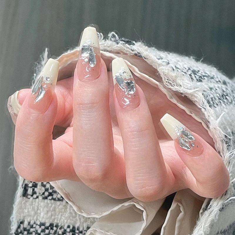 24 шт. накладных ногтей, носимых черным бантом, бриллиантовой цепочкой, флэш-пудрой, балетные ногти, готовые съемные и многоразовые накладки для ногтей