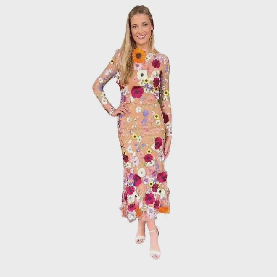 Платье-рыбий хвост из сетки с цветочной 3D-вышивкой - весна/лето