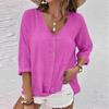Women's Fashion Casual Solid Color V-Neck Live Button Seven Sleeve T-Shirt Top