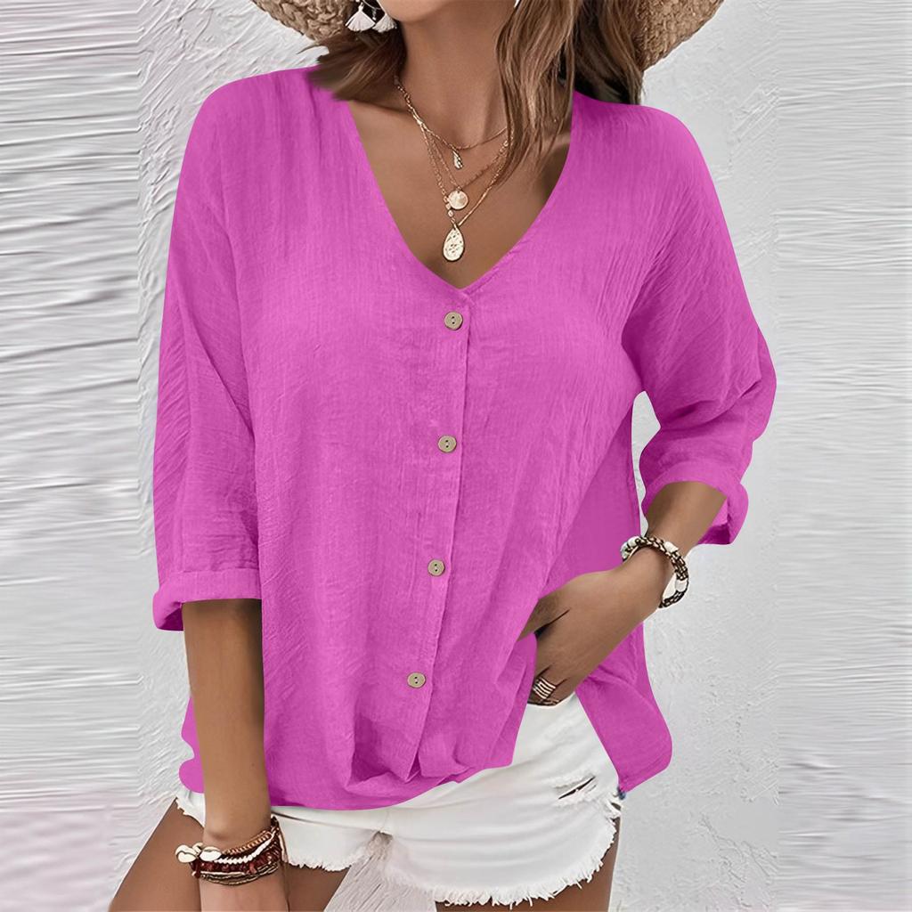 Women's Fashion Casual Solid Color V-Neck Live Button Seven Sleeve T-Shirt Top