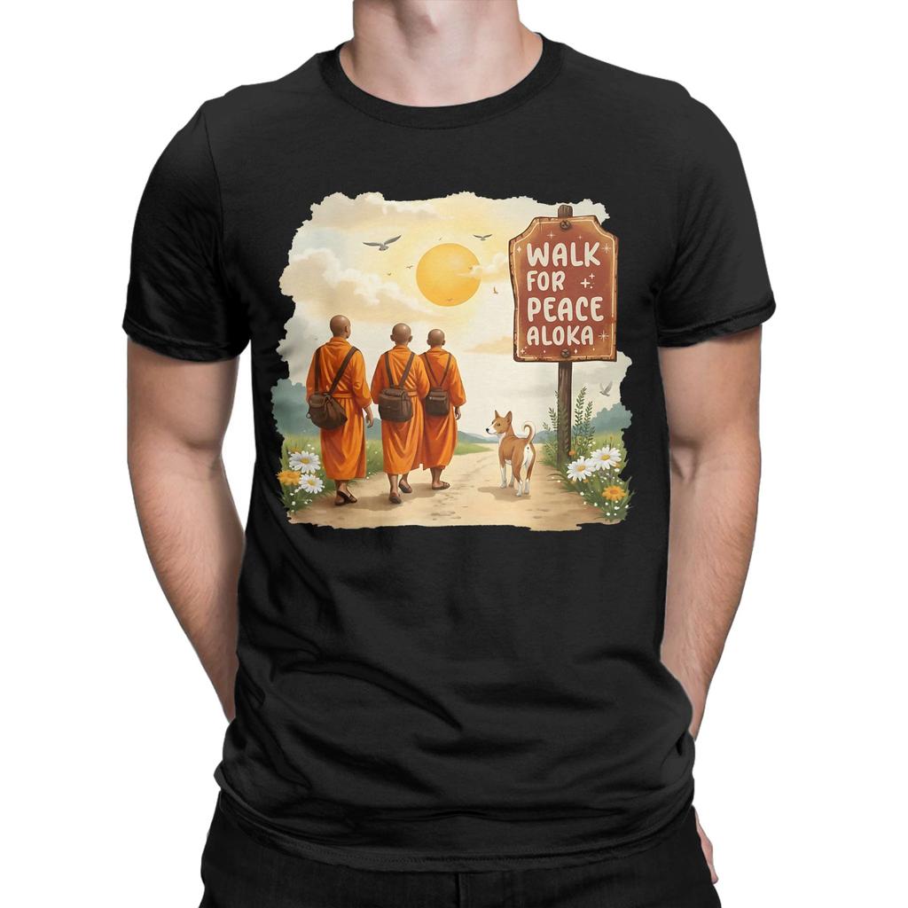 Vintage Retro Walk for Peace Monks with Aloka Dog TShirt for Men Round Collar 100 Cotton T Shirt Short Sleeve Tees Tops