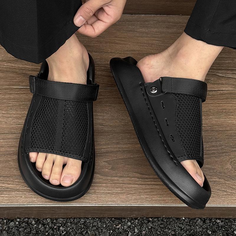 Мужские однословные сандалии носят дышащие мягкие подошвы повседневные универсальные модные пляжные туфли 471226 черный-J