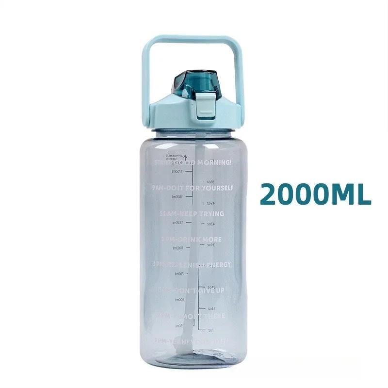 2L Portable Large Capacity Water Bottle with Straw Plastic Water Cup for Outdoor Sport Camping Travel Water Jug with Time Marker