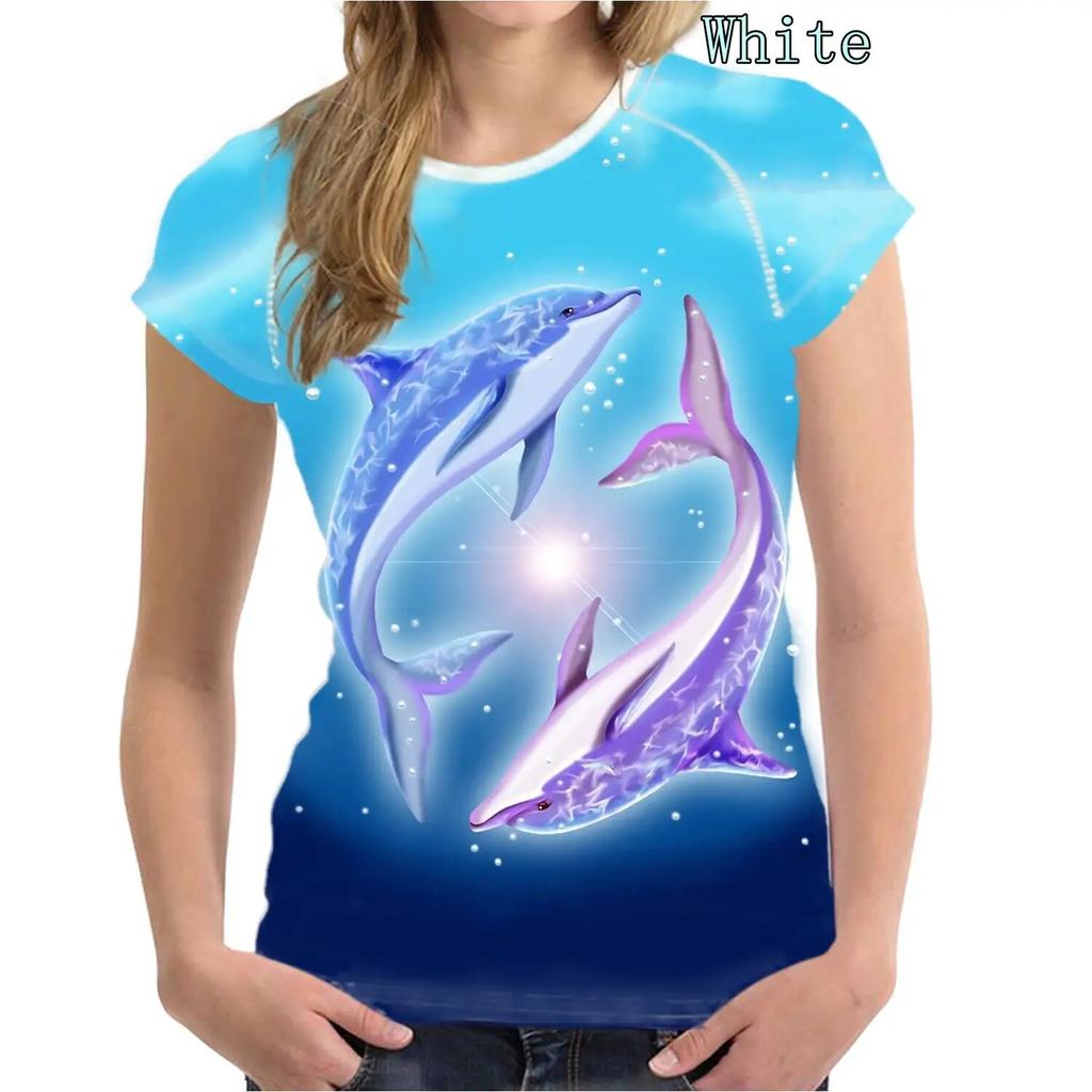 Новые женские модные летние повседневные футболки с короткими рукавами и круглым вырезом с 3d принтом, женские рубашки с дельфинами