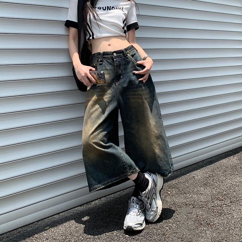 Retro Washed Distressed Wide Leg 7/8 Jeans - Unisex High Street Loose and Straight Mid-Length Shorts for Spring/Summer.