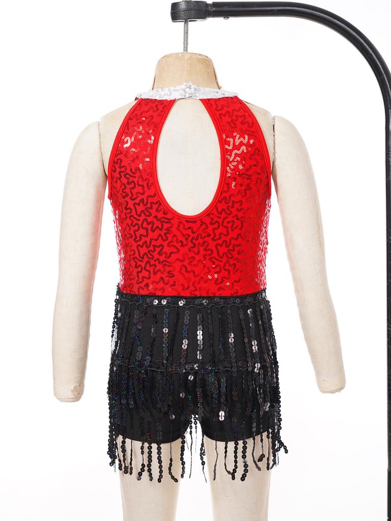 Детское цельное платье с блестками и кисточками для девочек, юбка-пачка, купальник, современный джазовый бальный костюм