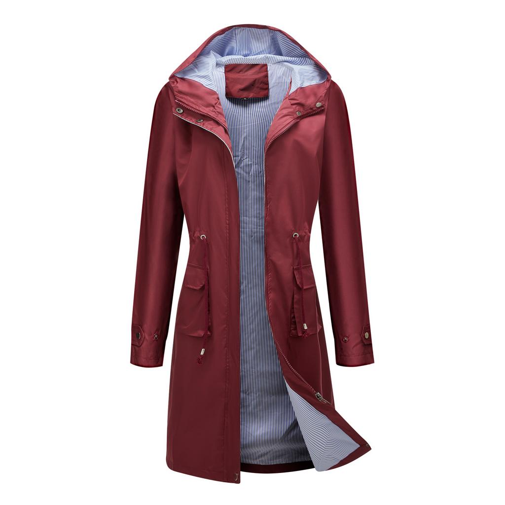 Waterproof Jacket Women Hooded Trench Fashion Outdoor Windbreaker Coat Loose Striped Lining Drawstring Long Blazer Autumn Winter