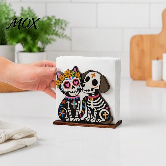 Day of The Dead Decor Wooden Skull Napkin Holder, Decorative Floral Tissue Dispenser, Dispenser Dia De Los Muertos Paper Towel Holder for Home Kitchen