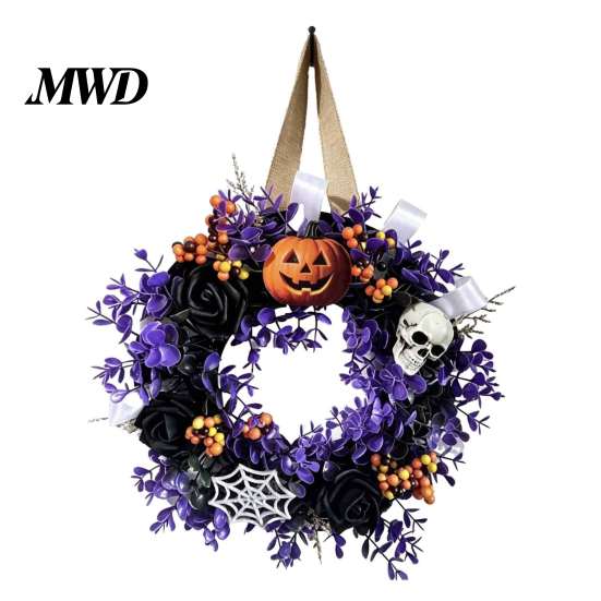 Wall Fireplace Hanging Ornaments Halloween Wreaths for Front Door, Skull Pumpkin Wreath with Berries, Black Spooky Bat Cabin Party Props Roses, Purple