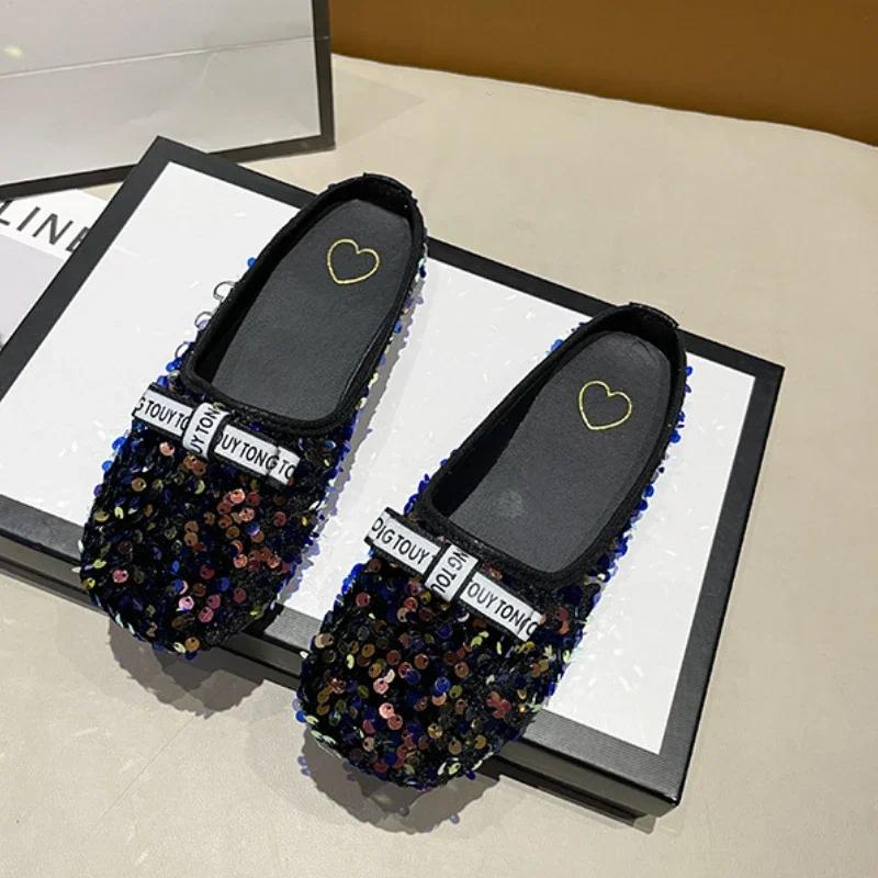 Женские полутапочки, лето 2024, корейские с круглым носком и бантом, повседневные домашние удобные сандалии на мягкой подошве с плоской подошвой, обувь