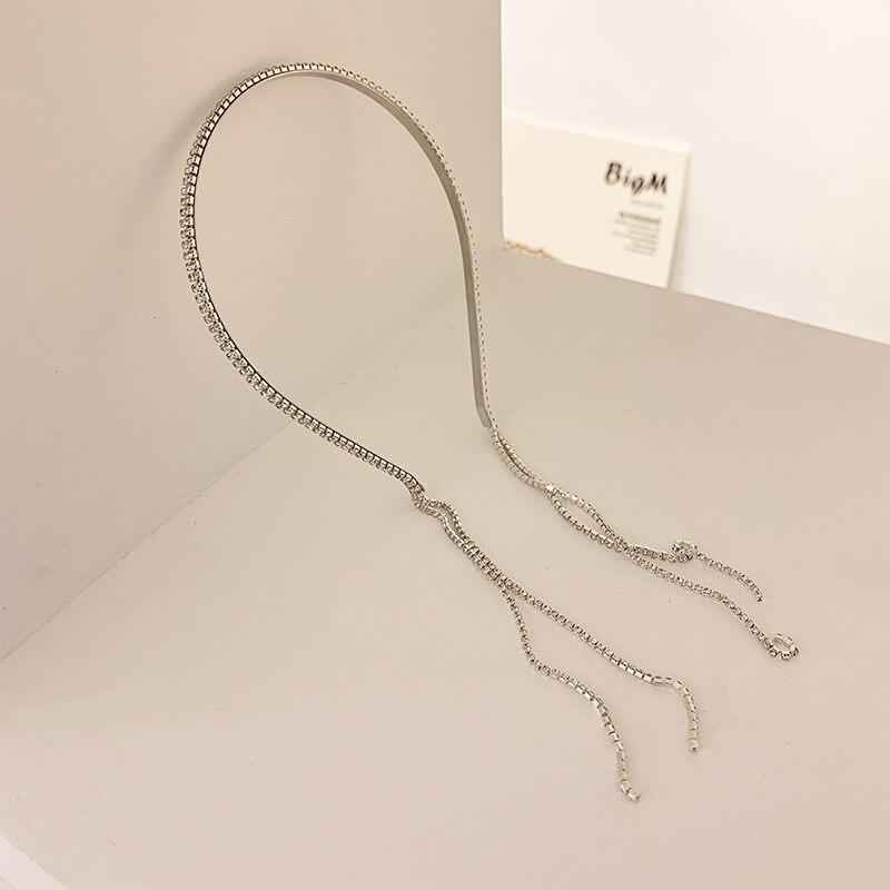 Korean Trend Full Rhinestone Long Tassel Head Band For Women Hair Accessories Metal Silver Crystal Headband Luxury Wedding Jewelry