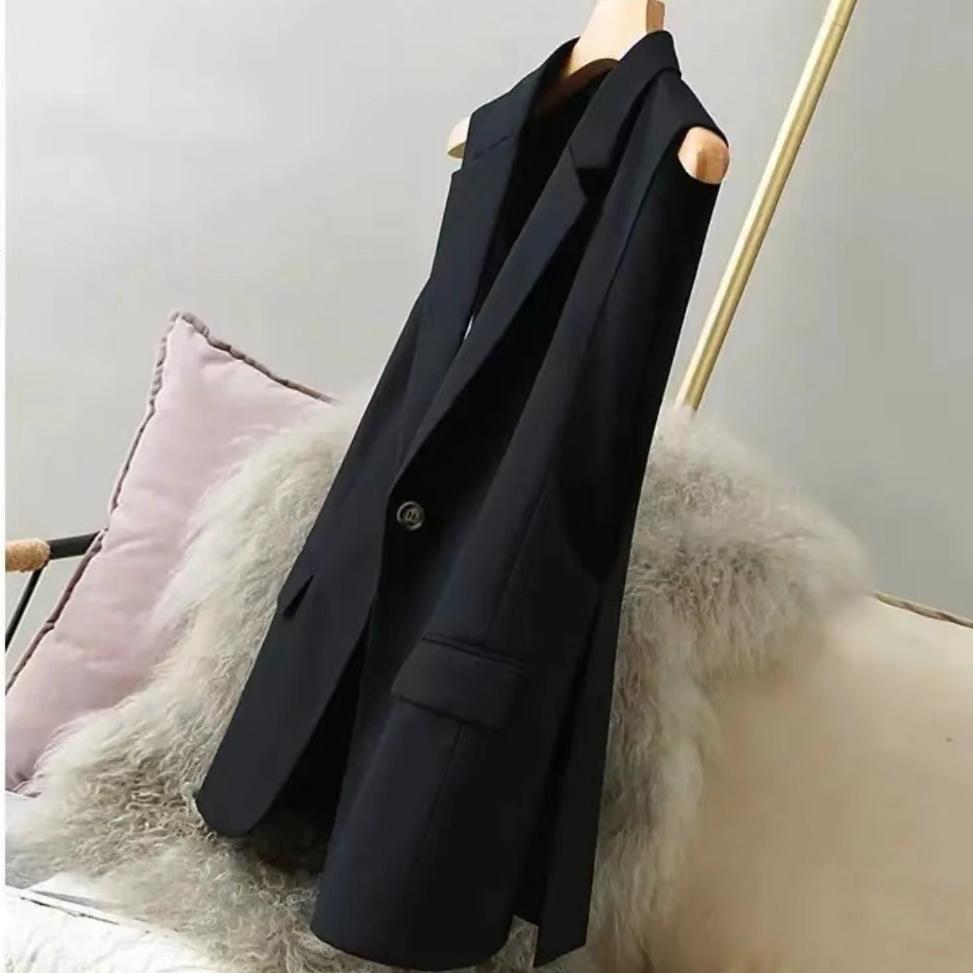 Модный и элегантный костюмный жилет с разрезом по подолу, приталенное пальто