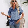 Женский летний топ, однотонная блузка с коротким рукавом, свободные повседневные женские офисные атласные рубашки с лацканами, большие размеры