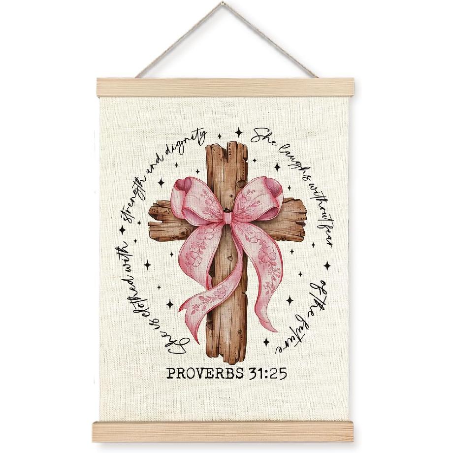 YTRGI Pink Bow Cross Christian Proverbs 31: 25 Wall Art Decor, Proverbs 31 Bible Wall Art, Proverbs 31 Woman Gifts, Bible Verse Religious Poster