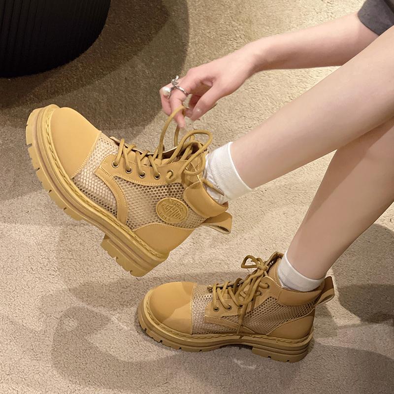 Ботильоны из дышащей сетки для женщин, модные желтые повседневные туфли на молнии со шнуровкой, женские ботинки на плоской платформе