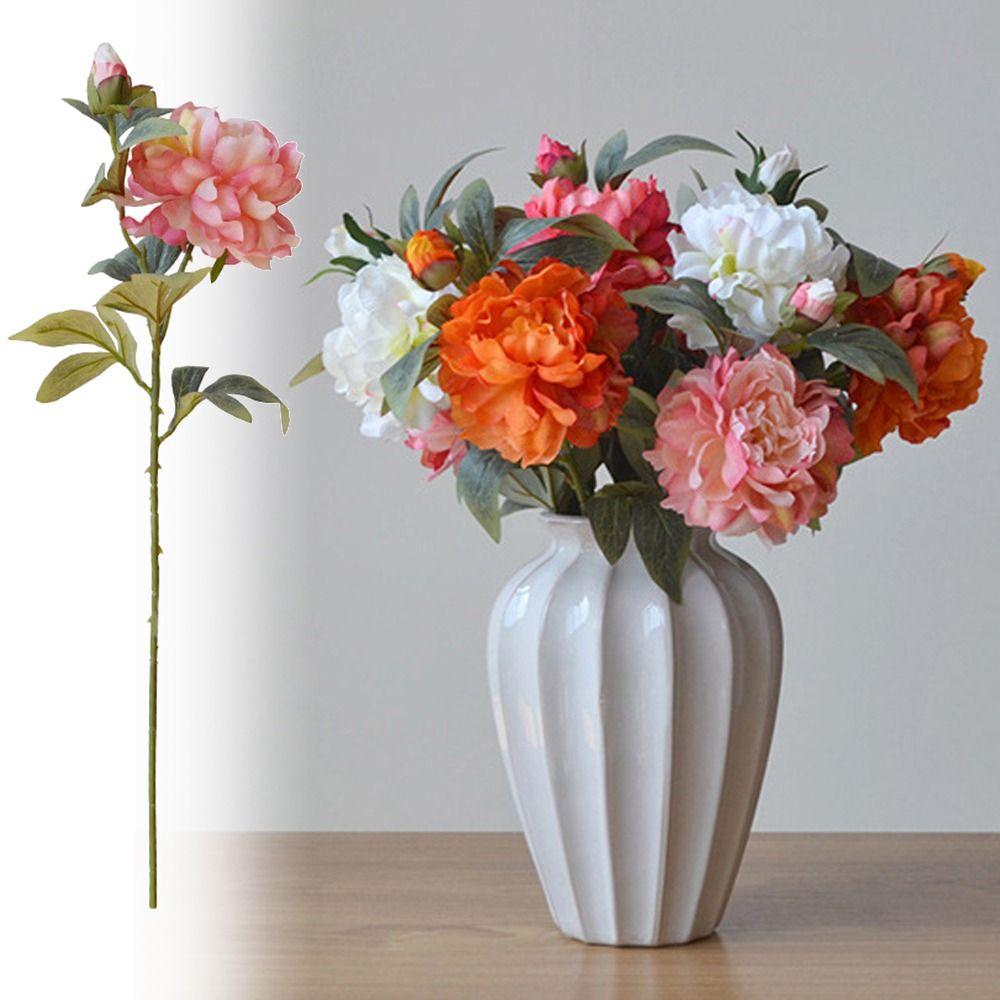 Silk Petals Simulation Peony Flower Green Lieaves Faux Flower Peony Artificial Flower Gift