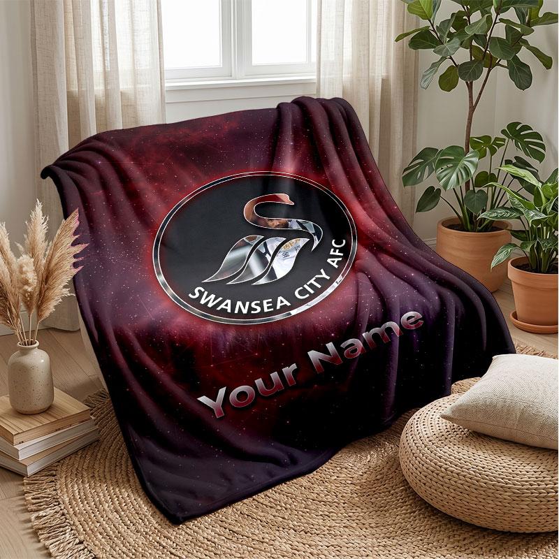 Swansea City FC Custom Name Text Flannel Blanket Soccer Logo Personalized Fleece Throw Blanket Special Gift For Sofa Bedroom Home
