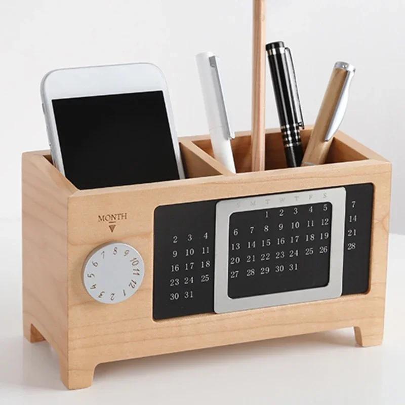 Multifunctional Wooden Desktop Organizer - Calendar & Pen Pencil Holder for Home Office