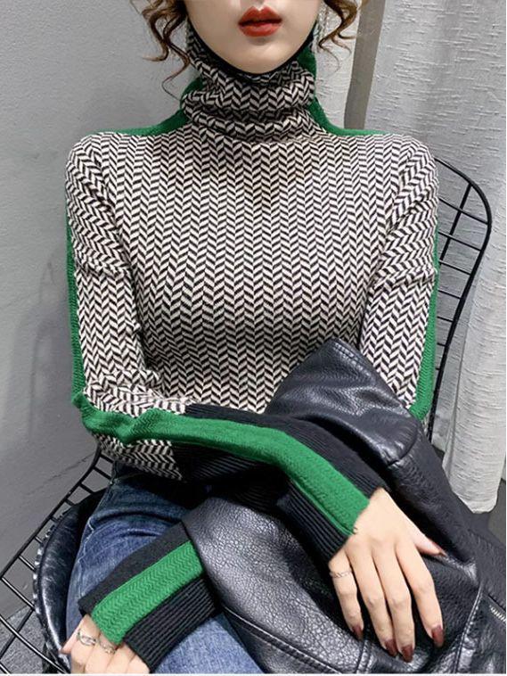 Женский ретро-кашемировый свитер — свободный крой, высокий ворот, контрастный цвет, осень/зима