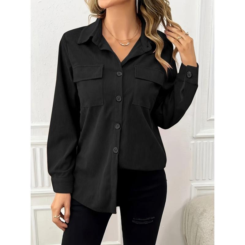 Women S Vintage Corduroy Turn Down Collar Long Sleeve Shirt Jacket With Pockets