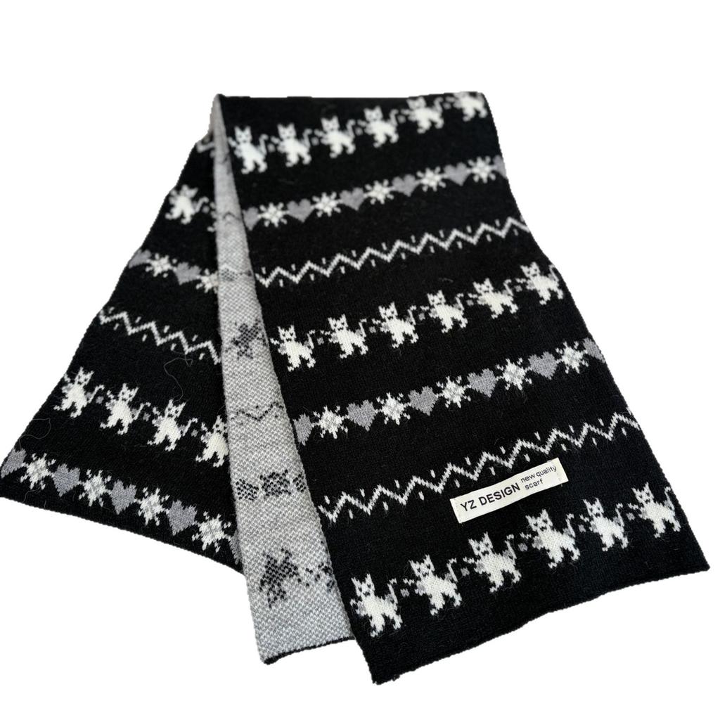 Корейская версия милого кота жаккардовый ретро стиль Fair Isle шарф женский осенне-зимний теплая атмосфера вязаный шерстяной шарф