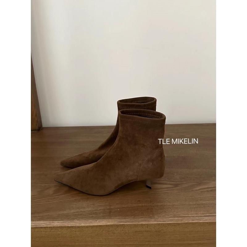 2025 Autumn and Winter New Suede Small Square Head Thin Heel Short Boots Women's Small Heel Temperament High Heels Elastic Thin Boots