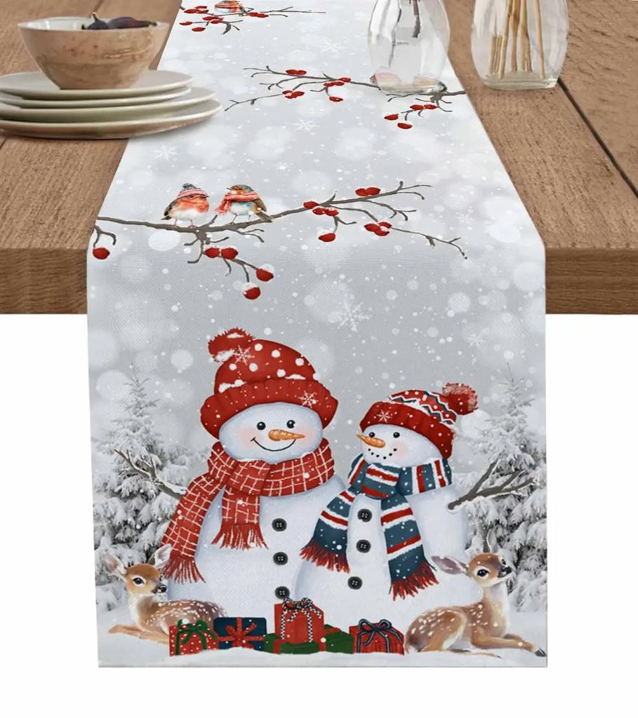 Christmas Silver Fir Leaves Snowflakes Wood Grain Linen Table Runners Kitchen Decoration Table Runner Festival Party Supplies